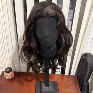 Human hair Halo Strap Elegant Dark Brown Extention 14” with  Topper wig.